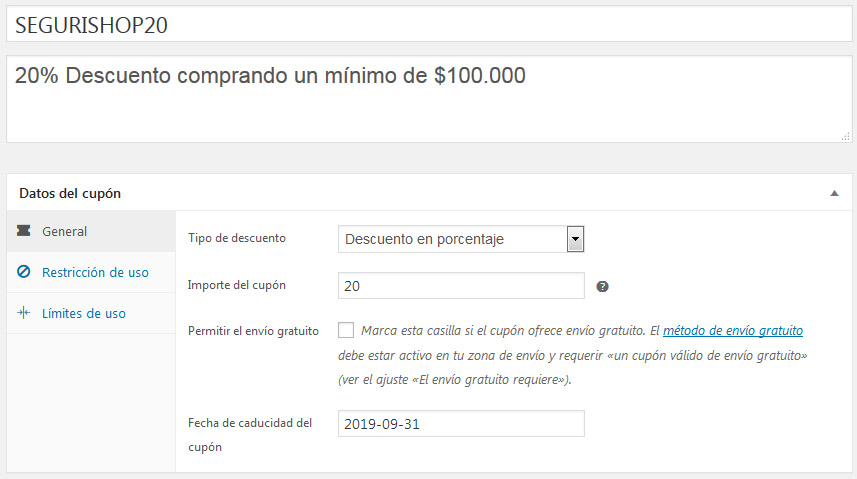 Configurar cupón descuento en WooCommerce