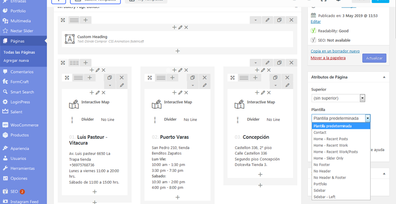 Plantillas en la configuración de página de Salient Theme