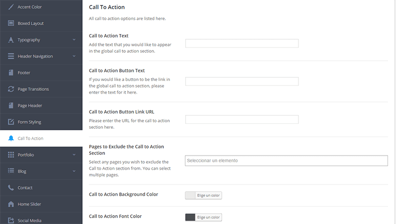 Panel de configuración general en Salient Theme - Call to action