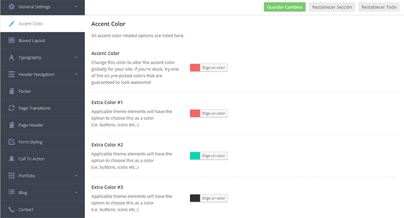 Panel de configuración general en Salient Theme - Colores destacados