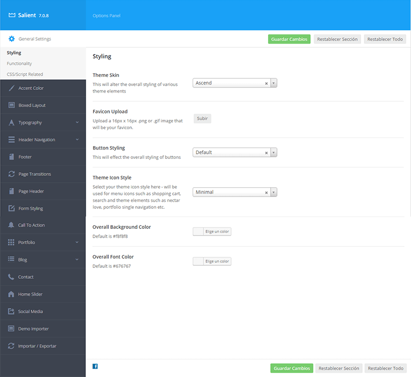 Panel de configuración general en Salient Theme