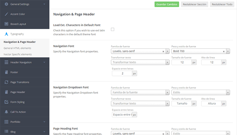 Panel de configuración general en Salient Theme - Tipografía